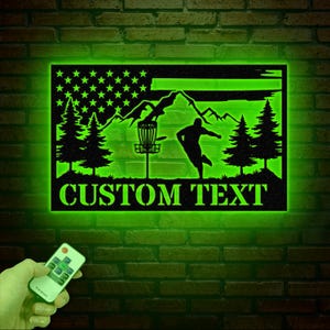 Personalized US Flag Disc Golf Metal Sign with LED Lights, Custom Disc Golfer Name Sign, Sports Wall Art, Gift for Dad, Home Decor