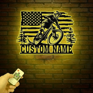 Benutzerdefinierte US Mountainbike Metallschild mit LED-Licht, Mountainbike Biken Metallwandkunst, personalisierte Biker Namensschild, Fahrradfahrer Geschenk