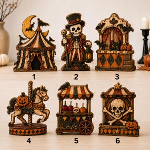 Vintage Halloween Carnival Wooden Block Set, Circus Tent, Skeleton Ringmaster, Black Cat Booth, Carousel Horse, Candy Cart and Skull Stage