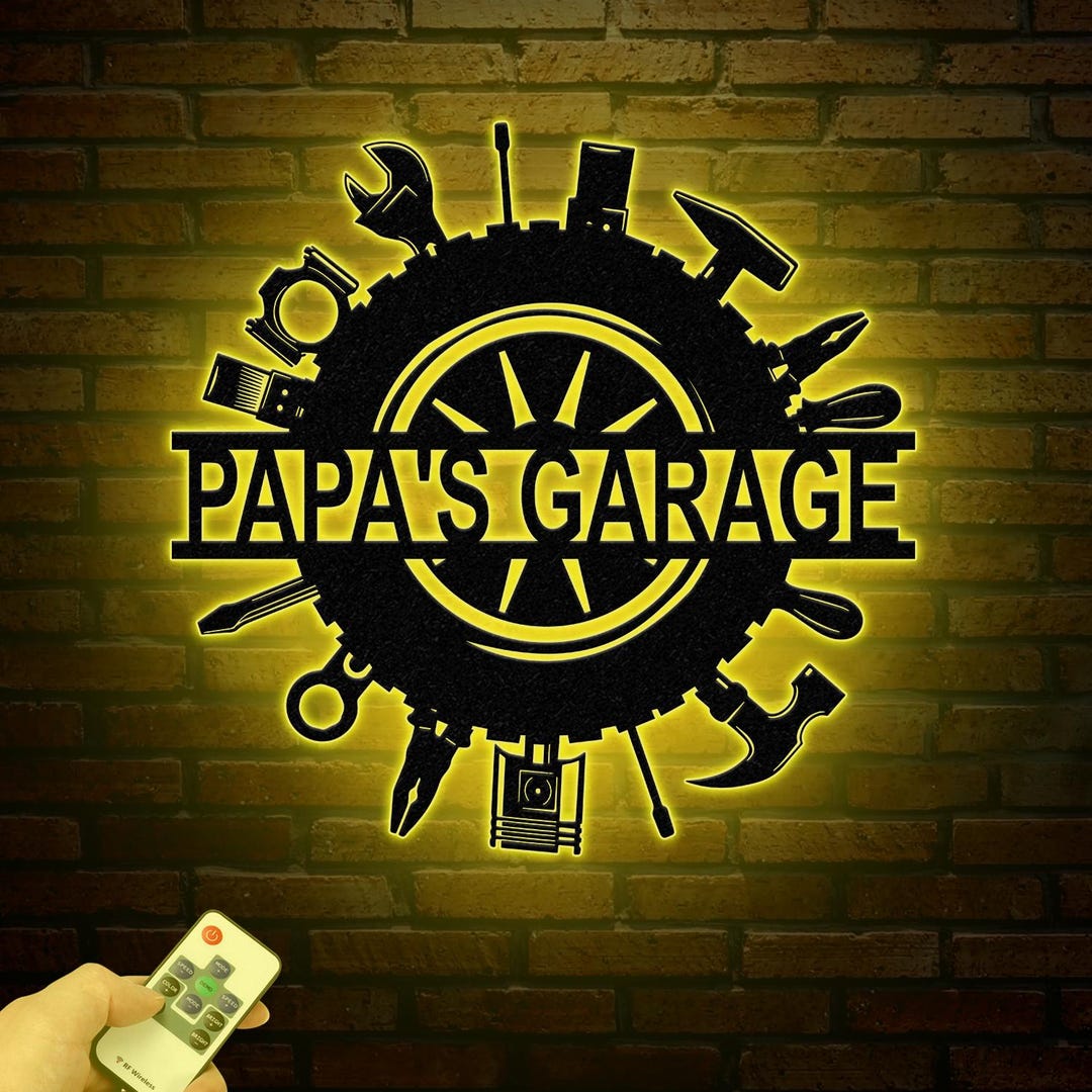 Personalized LED Papa's Garage Sign, Custom Metal Workshop Sign, Dad or ...