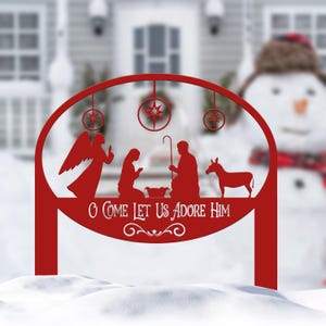 Letrero navideño personalizado de belén: «Oh, venid, adorémoslo». Arte religioso de metal para el hogar o el jardín. Perfecto para la decoración navideña al aire libre.
