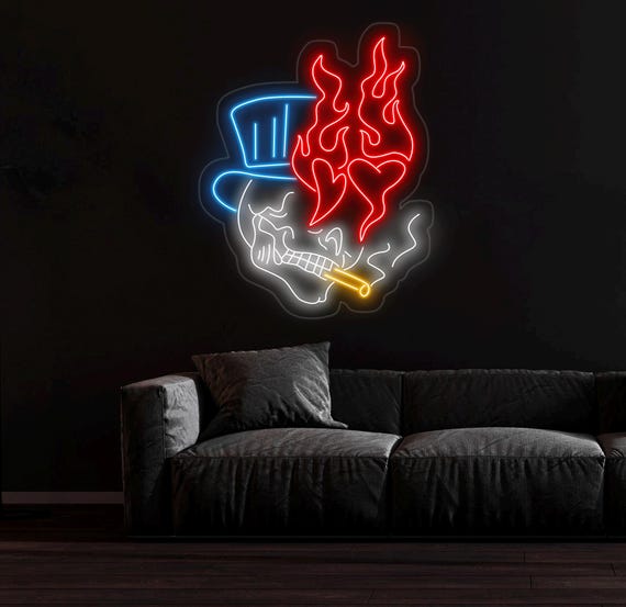 Skull Head Neon Sign - Custom Handmade Fire Neon Light, Unique