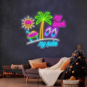 My Beach My Rules Neon Sign - Tropical Summer LED Wall Art Palm Tree Sun Flip Flops Home Decor