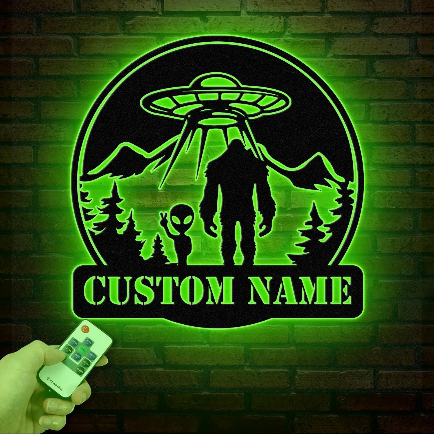 Personalized Bigfoot Alien UFO Metal Wall Art LED Light, Custom Sasquatch Name Sign, Unique UFO Decor, Alien Lover Gift, Home Wall Art