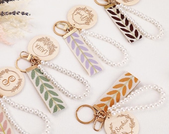 Personalized Wooden Keychain: Engraved Wood Charm, Pearl Strap
