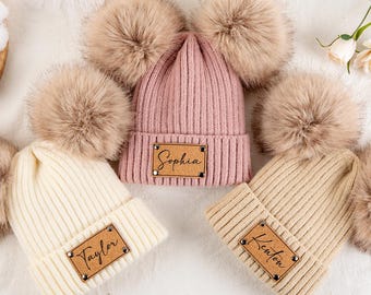 Personalized Baby Beanie: Engraved Leather Patch, Custom Name Pom Pom Hat