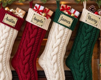 Personalized Knit Christmas Stocking: 2026 Engraved Leather Patch Stockings, Family Holiday Decor, Holiday Decor Gift for Kids