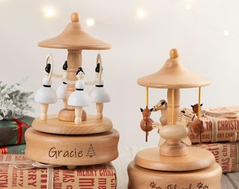 Caja de música personalizada con carrusel de bailarina: recuerdo de madera grabado