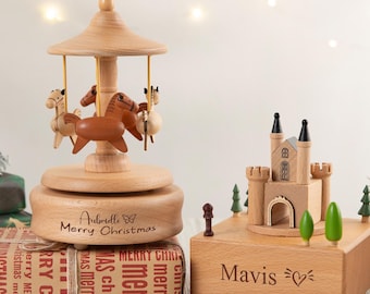 Caja de música personalizada con carrusel de bailarina: recuerdo de madera grabado