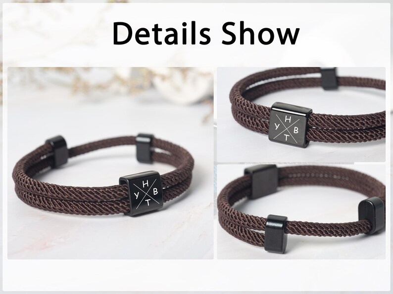 May include: Brown rope bracelet with black square accents. The bracelet features a double-strand design and a central black square with the letters "H", "Y", "B", and "T". The words "Details Show" are at the top of the image.