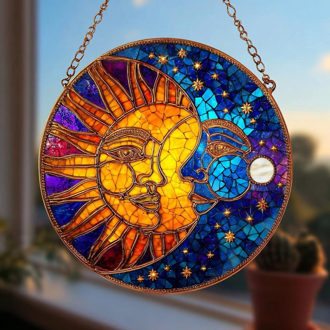 Sun Moon Stained Glass Suncatcher, Celestial Window Hanging Decor, Boho ...