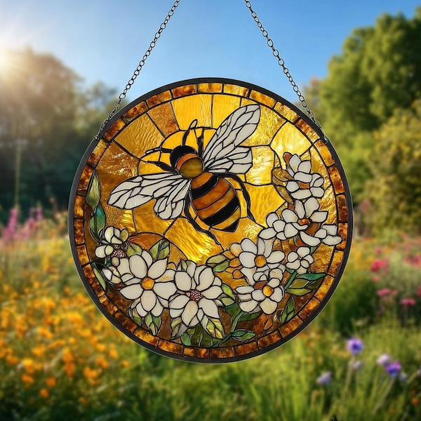 Honeybee Glass Suncatcher: Bumblebee with White Flowers Window Hanging, Garden Art Bee Gift