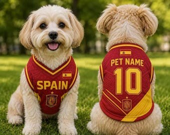 Maglia da calcio personalizzata per cani con nome e numero della Spagna.