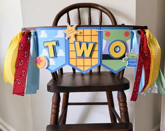 Toy Story Highchair Banner | Birthday Party Decorations | Cake Topper | Table Tents | Buzz Lightyear & Woody