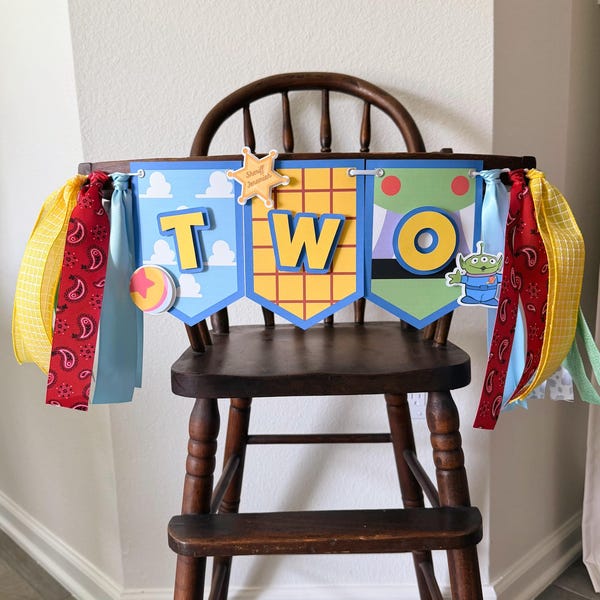 Toy Story Highchair Banner | Birthday Party Decorations | Cake Topper | Table Tents | Buzz Lightyear & Woody