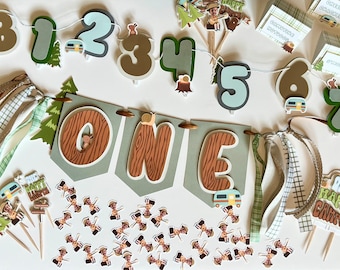 Happy Camper First Birthday Decorations: Milestone Banner, confetti