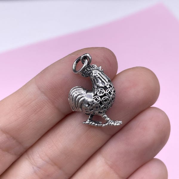 Sterling Silver Filigree Rooster Pendant: Farm Animal Charm