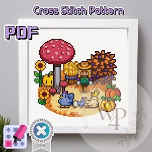 Stardew Valley Cross Stitch Pattern Chicken and Junimo’s Farm in Fall Digital Download Home DIY