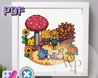 Stardew Valley-kruissteekpatroon kip en Junimo's Farm in herfst digitale download Home DIY