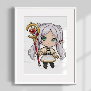 May include: A pixel art illustration of a young girl with white hair and a red and gold staff. She is wearing a white and black striped shirt and a brown skirt. The background is white.