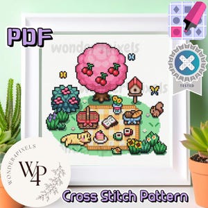 Puede incluir: Patrón de punto de cruz que representa una escena de picnic bajo un cerezo rosa. El diseño incluye una cesta de picnic, comida, un perro y una casa para pájaros. El texto "PDF" y "Cross Stitch Pattern" son visibles.