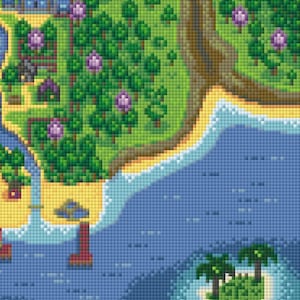 May include: A pixelated illustration of a green island with purple flowers, a sandy beach, and blue ocean water. A smaller island with palm trees is in the bottom right corner.