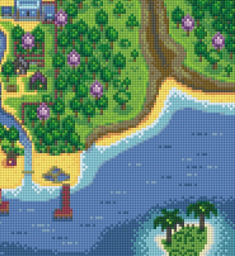 May include: A pixelated illustration of a green island with purple flowers, a sandy beach, and blue ocean water. A smaller island with palm trees is in the bottom right corner.