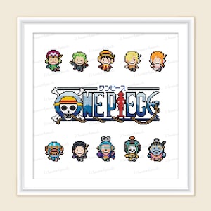 Peut inclure: Une impression encadrée d'art pixelisé représentant des personnages de la série animée One Piece. L'impression comprend le logo de la série et plusieurs portraits de personnages dans un style pixelisé coloré. L'œuvre est sur fond blanc.
