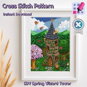 May include: Framed cross stitch pattern featuring a detailed illustration of a stone wizard tower in a spring landscape. The artwork includes the text "Cross Stitch Pattern" and "Instant Download" at the top, and "SDV Spring Wizard Tower" at the bottom.