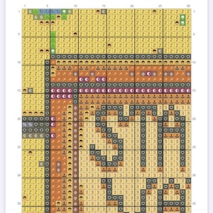 May include: A cross-stitch pattern chart featuring a range of symbols, including anchors, hearts, moons, and arrows. The chart is in shades of brown, yellow, green, and grey.