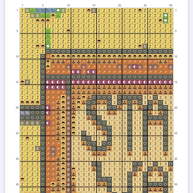 May include: A cross-stitch pattern chart featuring a range of symbols, including anchors, hearts, moons, and arrows. The chart is in shades of brown, yellow, green, and grey.