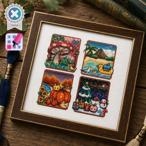 May include: A framed cross-stitch embroidery featuring four distinct seasonal scenes: a spring mushroom forest, a summer beach with a rubber duck, an autumn pumpkin patch with sunflowers, and a winter holiday scene with a tree, gifts, and a snowman.