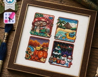 Stardew Valley Cross Stitch Pattern Junimo’s Four Seasons in Frames Digital Download Cozy Home DIY