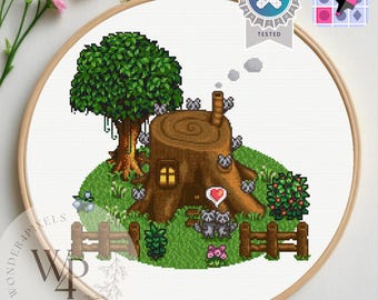 1.6 update Stardew Valley Cross Stitch Pattern Raccoon Family Giant Stump Digital Download Sweet Home DIY