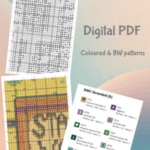 May include: A cross-stitch pattern chart with a colour key for DMC stranded embroidery floss. The pattern features a colourful design with a variety of colours, including autumn gold, lavender, pistachio green, blue green, and turquoise.