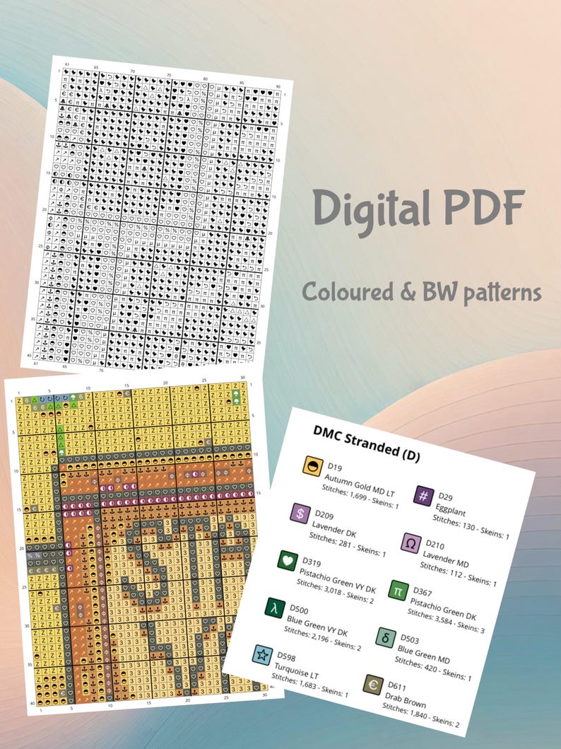 May include: A cross-stitch pattern chart with a colour key for DMC stranded embroidery floss. The pattern features a colourful design with a variety of colours, including autumn gold, lavender, pistachio green, blue green, and turquoise.