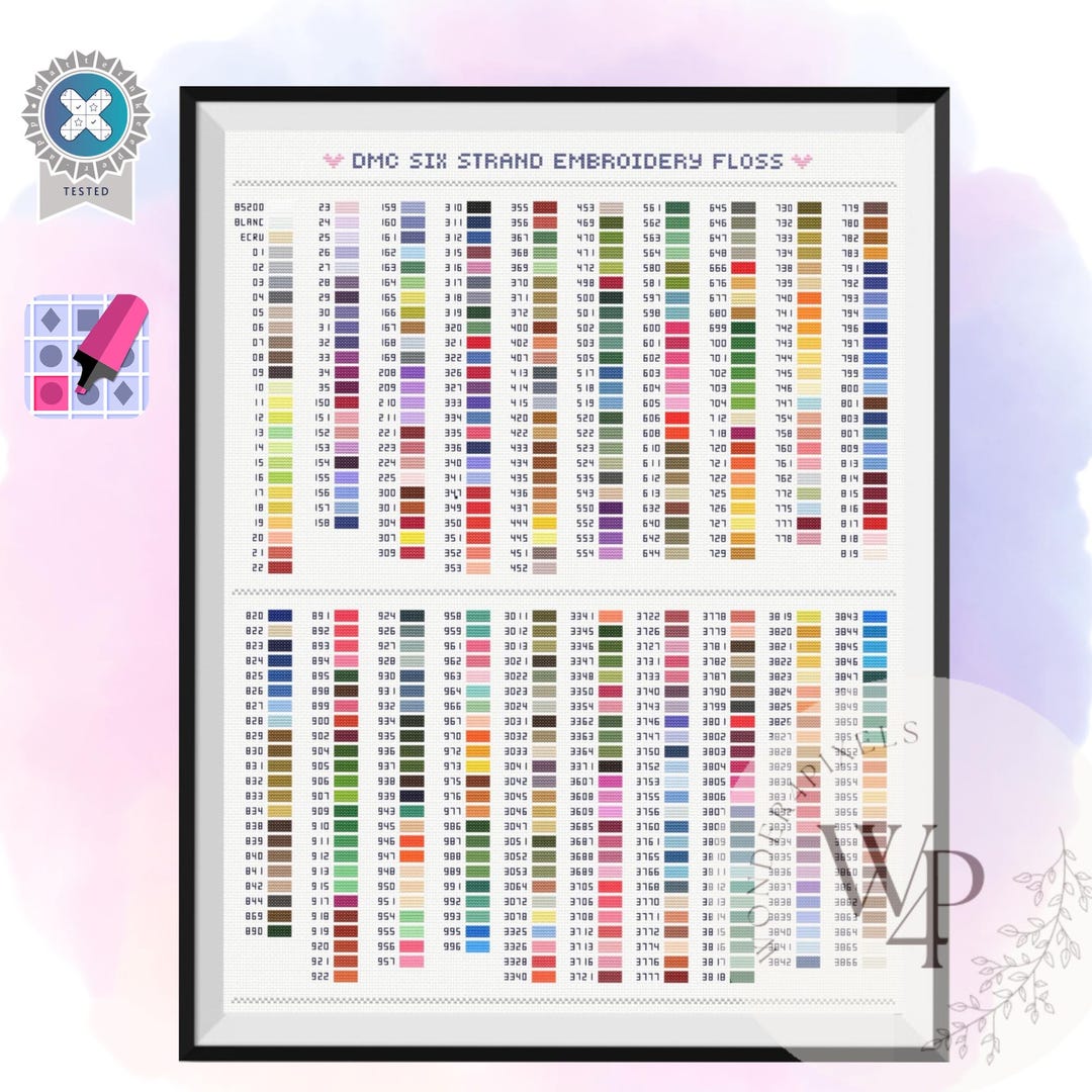 DMC刺繍糸カラーチャート（番号コード別）クロスステッチパターンPDF