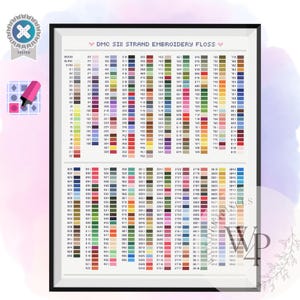 May include: A framed DMC six strand embroidery floss color chart featuring a comprehensive grid of numbered color swatches in various hues, organized in columns and rows with clear text labels for each specific thread color reference number.