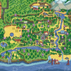 May include: A pixelated map of Stardew Valley, a popular farming simulation video game. The map shows the town, farm, and surrounding areas, including the river, beach, and mountains. The text "Stardew Valley" is displayed on a brown wooden sign at the top left of the map.