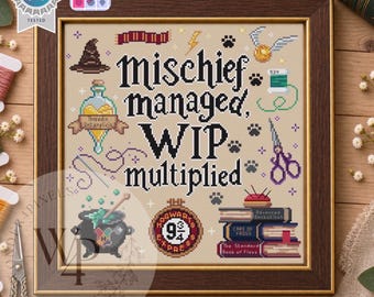 Mischief Managed WIP Multiplied Cross Stitch Pattern Funny Wizard Cross Stitch Magical Stitching PDF Digital Download