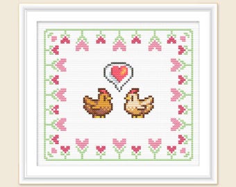 Digital download Stardew Valley Chicken in Love Cross Stitch Pattern Valentine’s Day, Wedding Gift DIY