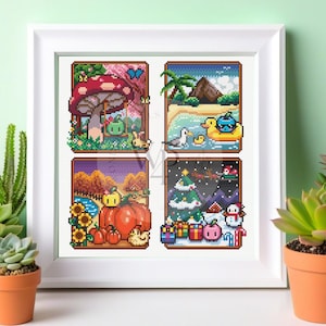 May include: A framed cross-stitch pattern featuring four seasonal pixel art scenes: a spring mushroom forest, a summer beach with a duck floatie, an autumn pumpkin patch with sunflowers, and a winter scene with a Christmas tree and snowman.