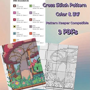 May include: A cross stitch pattern set including three PDFs, color and black and white charts, and a DMC thread key. The text reads Cross Stitch Pattern, Color & BW, Pattern Keeper Compatible, and 3 PDFs. The charts feature grid layouts.