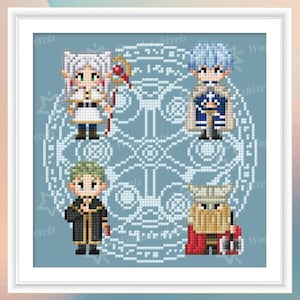 Puede incluir: Obra de arte de punto de cruz con cuatro personajes pixelados de estilo anime. Los personajes están ambientados sobre un fondo azul claro con un diseño circular blanco. Cada personaje tiene atuendos y accesorios únicos, con un marco blanco.