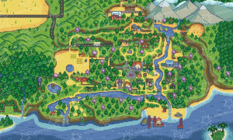 May include: A pixelated map of a town with a river running through it. The town is surrounded by mountains and a beach. The map is in a cartoon style and features various buildings, trees, and other details.