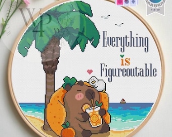Capybara on Beach Everything is Figureoutable Cute Funny Kawaii Pixel Cross Stitch Pattern Digital Download Cozy Home DIY Beginner Friendly