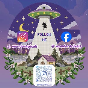 May include: A circular cross-stitch pattern featuring a UFO beaming up a cat over a house at night. The design includes the text FOLLOW ME, Instagram and Facebook icons, the handle @wonder4pixels, and a central QR code for Instagram.