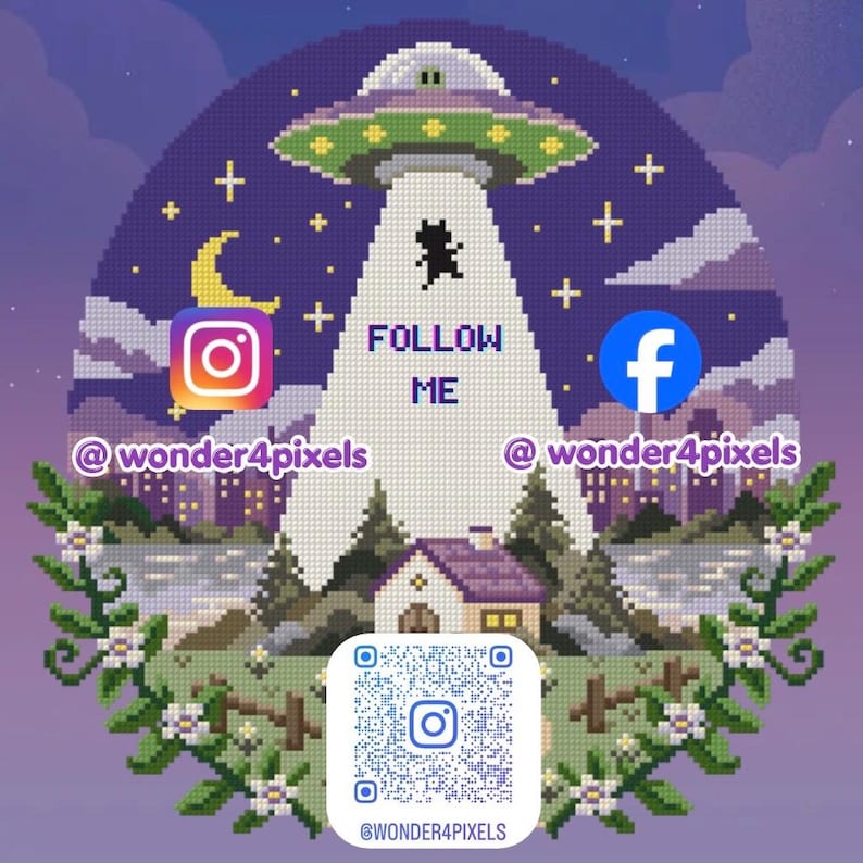 May include: A circular cross-stitch pattern featuring a UFO beaming up a cat over a house at night. The design includes the text FOLLOW ME, Instagram and Facebook icons, the handle @wonder4pixels, and a central QR code for Instagram.