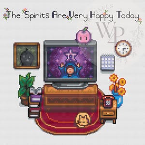 May include: A cross-stitch design featuring a pixelated room scene. A TV displays a wizard, with a framed picture, clock, calendar, and flowers. The text "The Spirits Are Very Happy Today" is at the top.