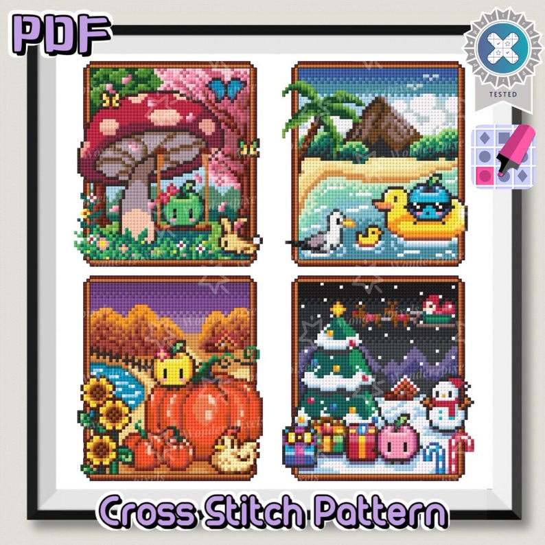 May include: A PDF cross stitch pattern featuring four pixel art scenes: a mushroom with a swing, a beach with a duck in a floatie, a pumpkin patch with sunflowers, and a winter scene with a Christmas tree, gifts, and a snowman, labeled Cross Stitch Pattern.